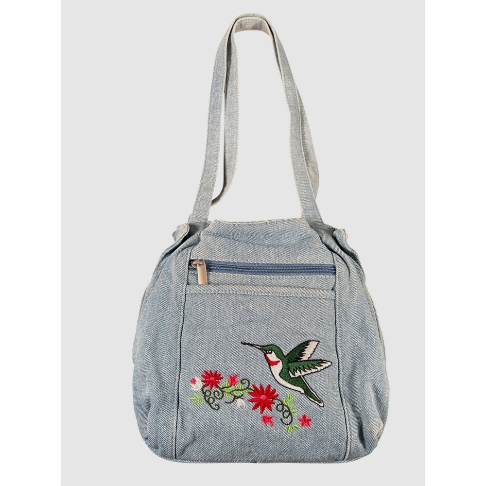 Embroidered Hummingbird Denim Shoulder Bag Light Wash Floral Jean Purse Vintage